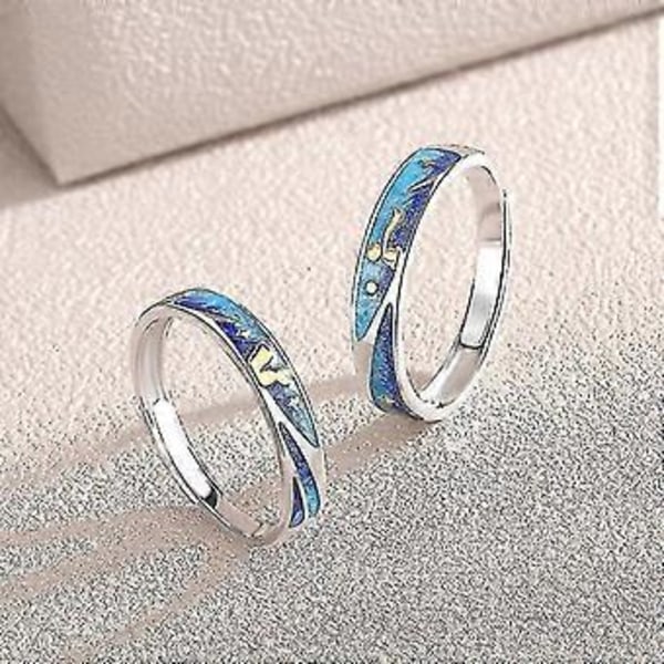 2-osainen Pieni Prinssi -parisetti S925 Sterling hopea Miesten ja naisten pari sormus Piirretty kettu Tähtitaivas Avattava säädettävä