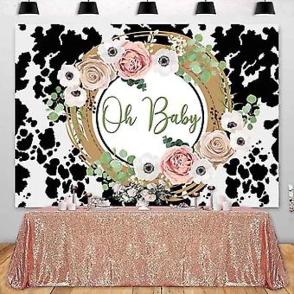 Holy Cow Baby Shower Bakgrund för Flicka Oh Baby Svart och Vit Ko-Print Baby Shower Fotografi Bakgrund Banner Rosa Blommor Bondgårdsdjur Baby Shower