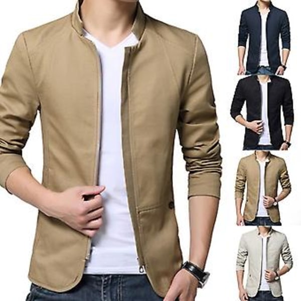 Fianao Miesten Rentoutunut Syksyinen Yksivärinen Seisova Kaulusvetoketjullinen Taskullinen Ohut Slim Blazer Takki (XXL Beige)