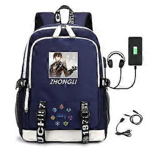 Genshin Impact -painettu USB-reppu, rento opiskelijan koululaukku 19 (sininen)