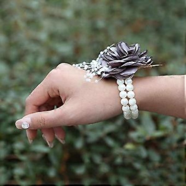 Brudepige Håndledsblomst Corsage Brud Silke Håndledsblomst, med Kunstig Perleperle Elastisk Armbånd Guldblad, Bruges til Bryllupsbal Hånd F