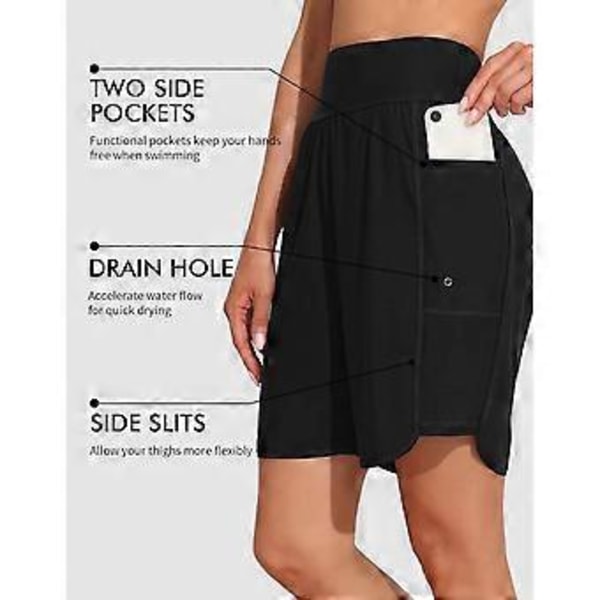 Charmleaks Dame 6\" Badeshorts Høy Talje Boardshorts med Lommer Hurtigtørkende UPF50+ Badebukse Underdel Innebygd Truse (XL svart)