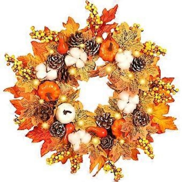 Dørdekoration, efterårskranse med græskar, fyrrekogle, ahornblad, bær, ingen vedligeholdelse, indendørs udendørs Thanksgiving høstdekoration, levende
