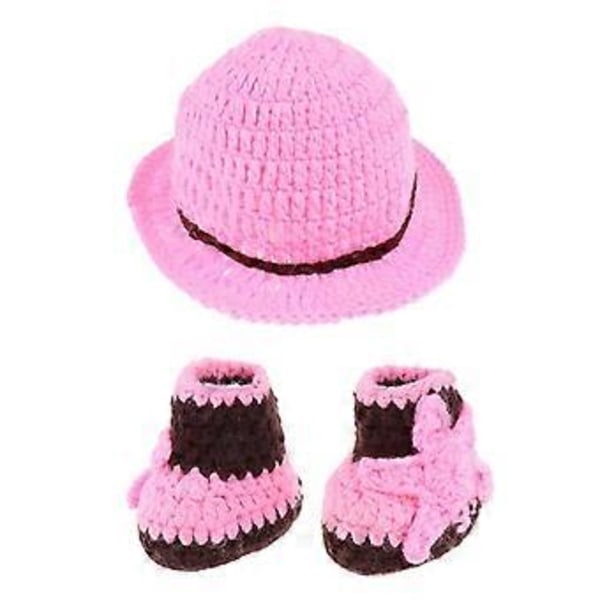 Nyfödd Flicka Baby Kläder Fotografering Rekvisita Virkad Hatt Strumpor - Vit(Rosa)