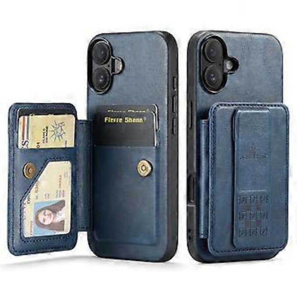 FIERRE SHANN 024 Stil iPhone 16 Etui Kortholder Støtteben Vokset Tekstur Læder+TPU Telefon Cover (Stil D)