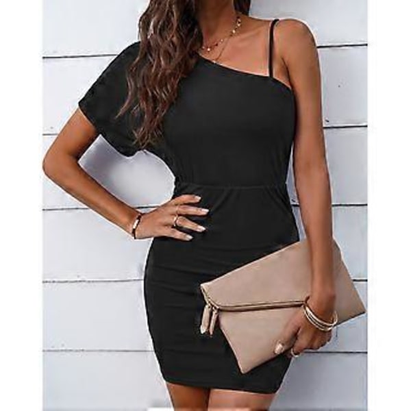 Sommer Casual Kjole Off Shoulder Enkelt Ærme Stilfuld Kjole Kvinder Slim Fit Stropløs Kjole Sort M