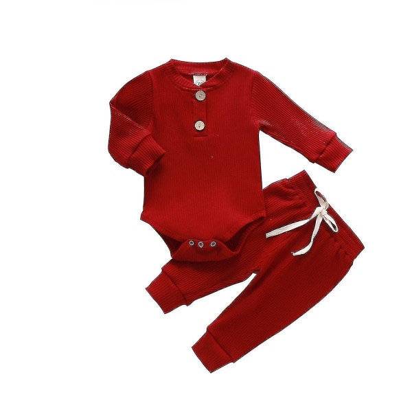 Newborn Baby Spring, Autumn Ribbed Solid Clothes Sets Long Sleeve Bodysuits 100CM Red