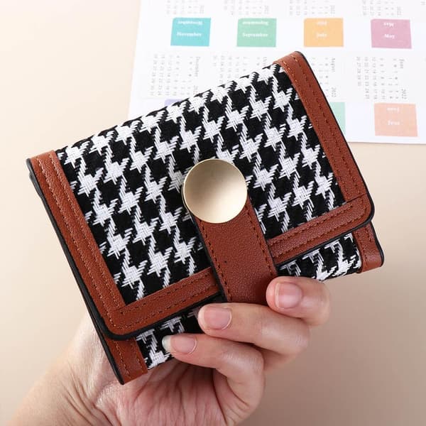 2 stk. Damepung, PU Læder Trefoldet Kort/Lang Dame Houndstooth