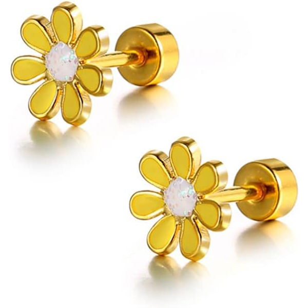 18G Søde Daisy Blomster Stud Ørestikker til Kvinder Piger 14K Guldbelagt Rustfrit Stål Emalljeret Dainty Skrue Tilbage