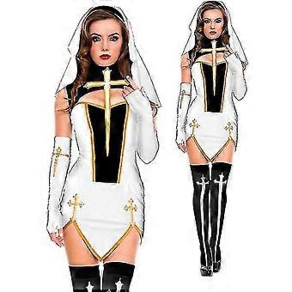 Sexig Nun Senior Kostym Karneval Halloween Kyrka Religiös Kloster Cosplay Festklänning (M vit)
