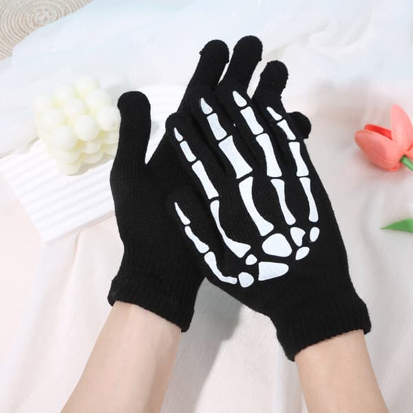 Selvlysende strikhandsker med kranie- og knoglemotiv til touchskærm – Halloween-kostume & efterårs-/vintervarme