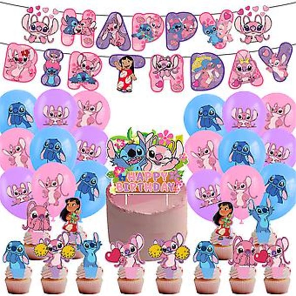 Lilo & Stitch -teemainen lasten syntymäpäiväjuhlatarvikkeet - ilmapalloja, banneri, kakku ja cupcake-koristeita