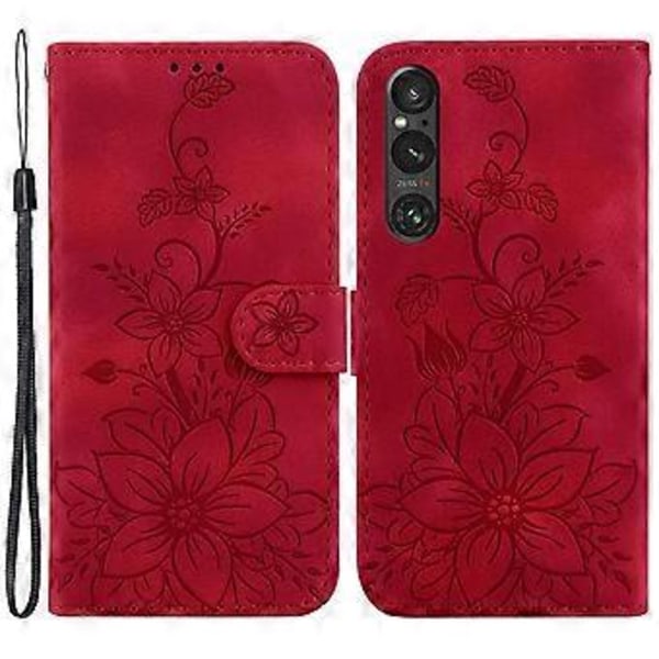 Til Sony Xperia 1 V Wallet Stand Telefon Cover Præget Lily Blomst Stødsikkert PU Læder Cover (Style F)