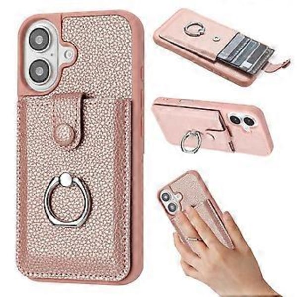 Skal för iPhone 16 Plus, ritningsdesign, kortfack, läderbaksida med ringstativ (Stil F)