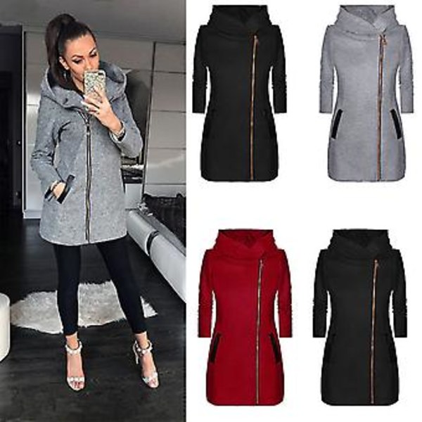Vinterjakke til kvinder med hætte & lommer Side lynlås Mellem lang frakke (4XL Rød)