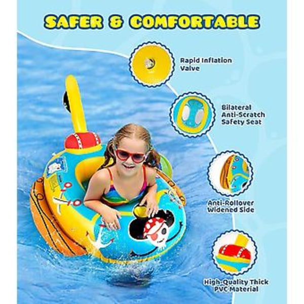 Tjocka Pool Floats för Barn med Vattenpistol, UPF50+ Justerbar Baldakin Uppblåsbar Piratbåtformad Småbarns Pool Float med Säkerhetsstol, Hållbara Pool Leksaker