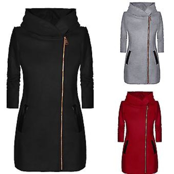 Vinterjakke til kvinder med hætte & lommer Side lynlås Mellem lang frakke (4XL Rød)