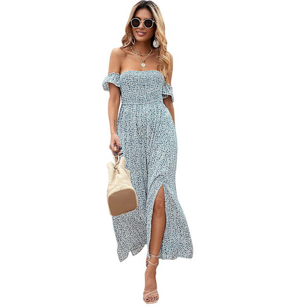 Kvinders Boho Blomsterprint Off Shoulder Split Lang A-Linje Kjole（XXL Blå）