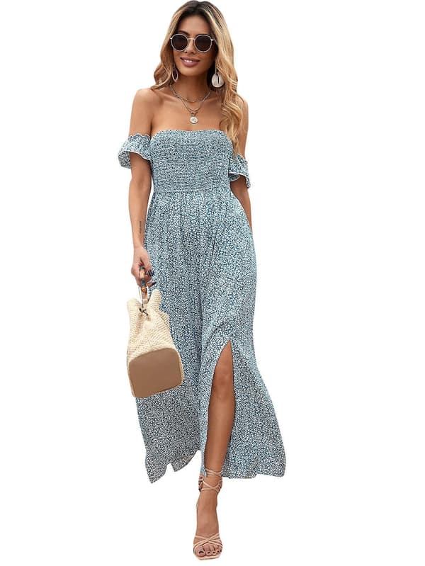 Kvinnors Boho Blommig Tryck Off Shoulder Split Lång A Linje Klänning（XXL Blå）