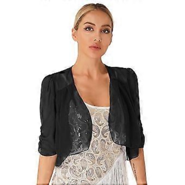 Fashionabla Dam Halv Ärm Kort Kofta Bolero Axelvärmare Chiffong Capes för Aftonklänningar (M svart)