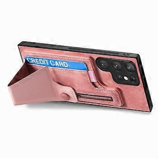 Skal för Samsung Galaxy S25 Ultra med Kortfack Ställ Retro Läder Baksida - Rosa (Rosa)