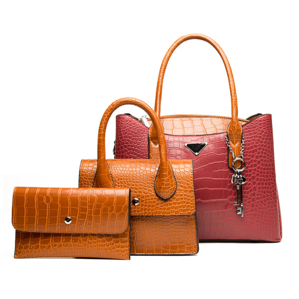 Handväskor damväska flerdelad uppsättning moderväska en-axel cross-body handväska stenmönster röd