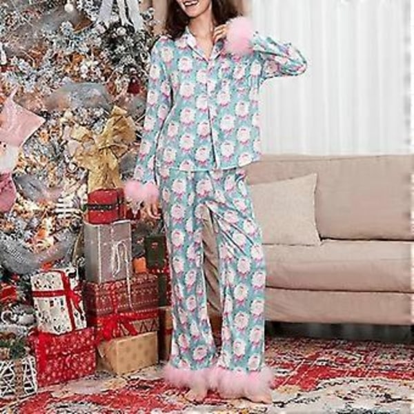 Kvinners Pysjamassett med Fjærkant, Lang Erme, Knapper, Todelt Lounge-sett, Satin PJs, Pyjamas, Nattøy (XL Blå)
