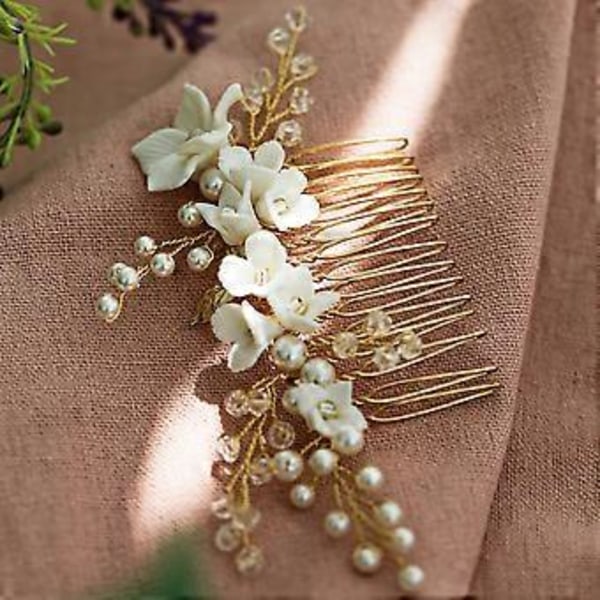 Hårkam i legering, modebanquet, huvudbonad, handgjord, vit pärla, blomform, bröllopstillbehör, vacker brudhårsdekoration för kvinnor (Guld