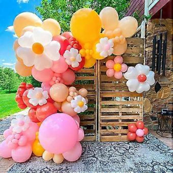 155 stk. Daisy Ballonbue Kit Macaron Pink Gul Retro Orange Hvid Hjerteballoner med Plum Clip Daisy Formet Blomst