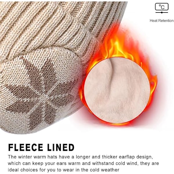 Vinterstrikket Hat til Mænd og Kvinder - Beige (med Øreklapper) Varmt W