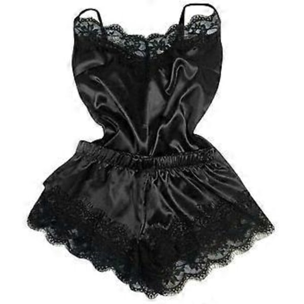 Lady Charming Satin Silk Lace Bodysuit Sexig Teddy Lingerie Nattkläder Sovkläder Underkläder (XL Svart)