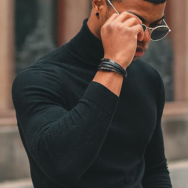 Blanc + noir, armband i läder för män med magnetiskt spänne i rostfritt stål