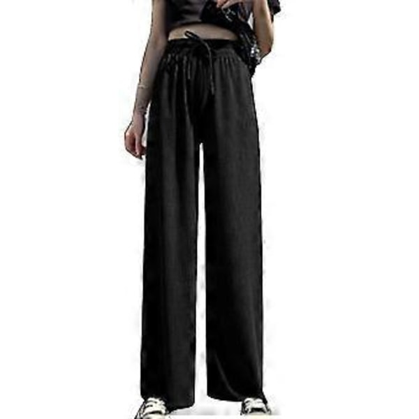 Dame Is Silke Bred Ben Bukser Løse Elastisk Talje Casual Sommer Lange Bukser (M Sort)