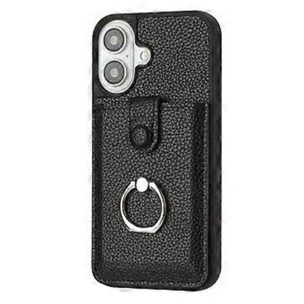 iPhone 16 Plus -kotelo, korttipaikat, nahkainen takakuori ja sormipidike (tyyli A)