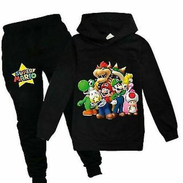 Super Mario Hoodie Topp & Byxa Set Barn Pojkar Flickor Sportkläder Jogging Tracksuits-r (160 (13-14År) Svart 2)