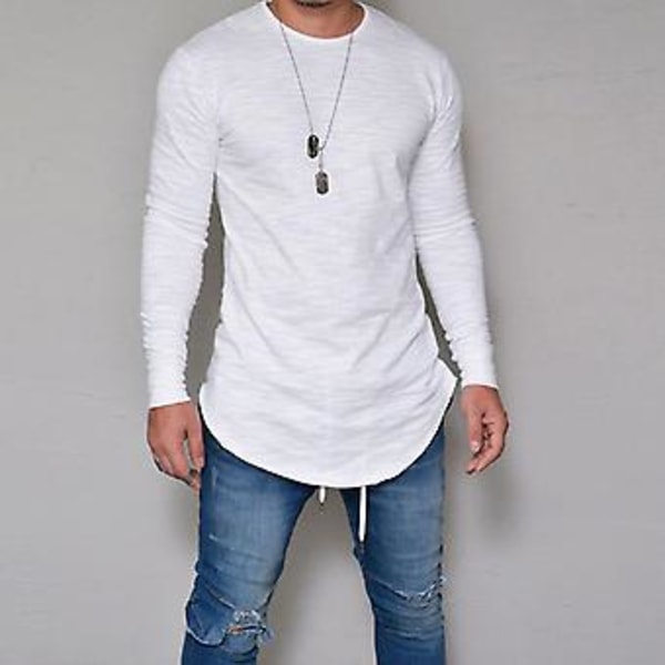 Långärmad enfärgad T-shirt för män, slim fit, lång modell, hög kvalitet (3XL Vit)