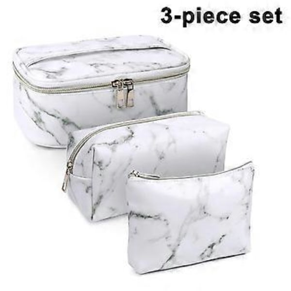 3 Stykker Makeup Taske Toilet Taske Bærbar Kosmetikpung Rejse Organizer Vandafvisende til Kvinder Marmor (Hvid)