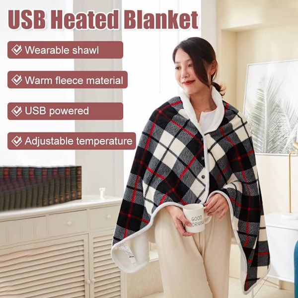 (55 * 31,5 tommer) USB Rutete Elektrisk Oppvarmet Sjal Teppe, Fleece Vev
