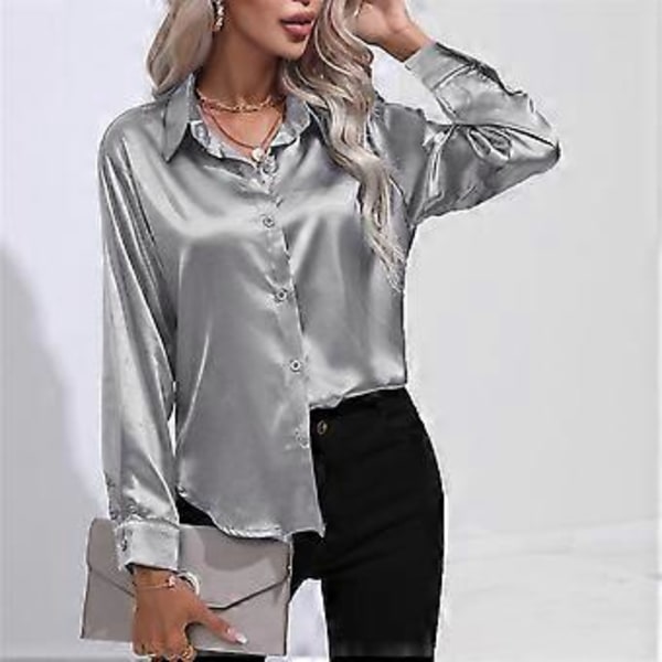 Vår Höst Satin Blus Imitationssilke Långärmad Skjorta för Dam Plus Size Lösa Toppar (XL silvergrå)
