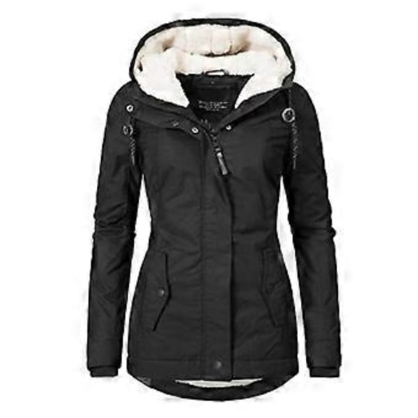Vedenpitävä Lämmin Hupullinen Talvitakki Paksu Fleecevuorattu Puuvillatakki Naisille (2XL Musta)