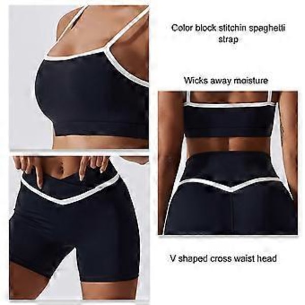 2-delat Yogasuits Färgblock Spaghettiband Kors Midja Kvinna Sport Yoga Suit för Löpning (S Shorts Avancerad Svart)