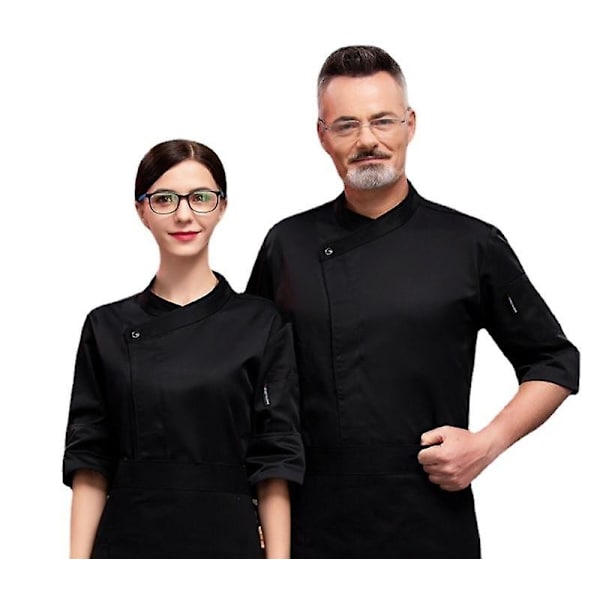 Unisex långärmad restaurang hotell kök kock arbetskläder uniform (4XL svart)