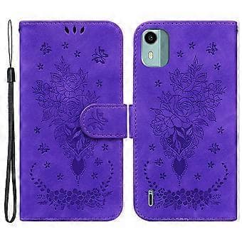 Til Nokia C12 4G/C12 Plus/C12 Pro Telefon Stand Case Rose Sommerfugl Præget PU Læder Wallet Shell(Style E)