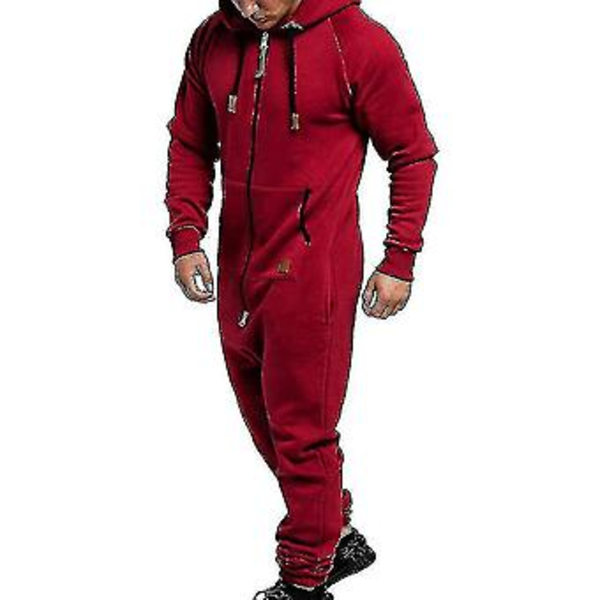 Ny 2023 Herr Onesie All In One Hoodie Zip Jumpsuit Vinter Casual Huvad Romper Playsuit (2XL Vinröd)