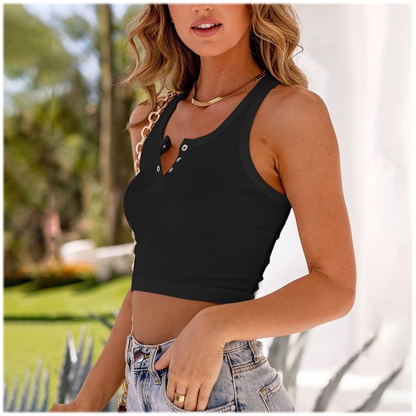 Tanktop til kvinder med knapper, ærmeløs, ribbet, slim fit, Henley-skjorte, XL, grå
