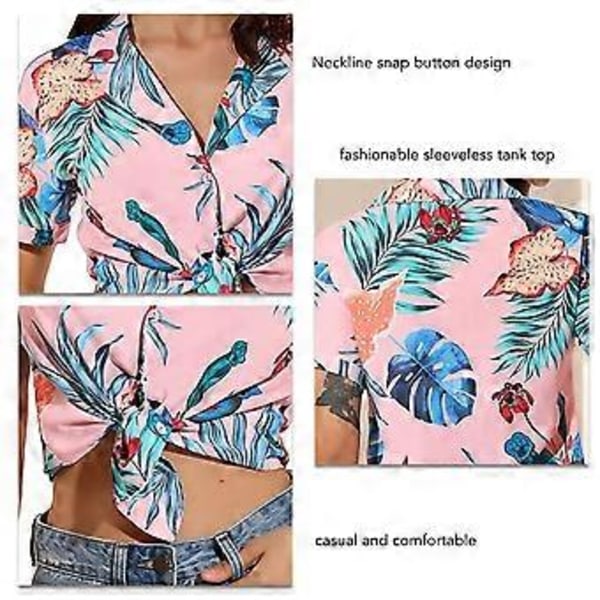 Kvinnlig Kortärmad Skjorta med Nedvikt Krage, Casual Elegant Knappuppslagen Blus med Blommigt Mönster för Strandfest (M Rosa)