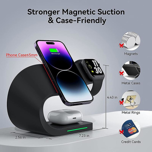 4 In 1 Magnetic Wireless Charger Stand 15W Fast Charging Dock Station For iPhone 14 13 12 Pro Max Apple Watch iWatch 8 7 AirPods No Plug Black