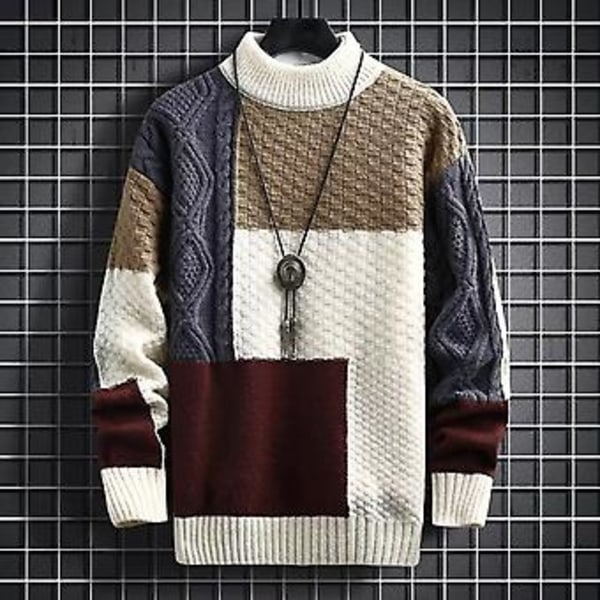 Mænds Trøje Farvematchning Vild Lange Ærmer Preppy Stil Delikat Struktur Hold Varme Polyester Anti-krympning Efterår Casual Strikvarer (M Abrikos)