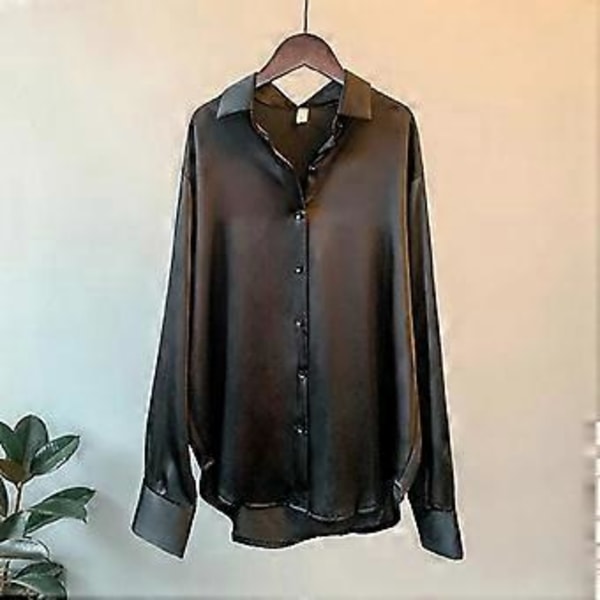 Satinskjorte Dame Bluse Forår Efterår Toppe Dame Tøj Knap Langærmet Ensfarvet Løs Plus Size Skjorter (3XL grøn)
