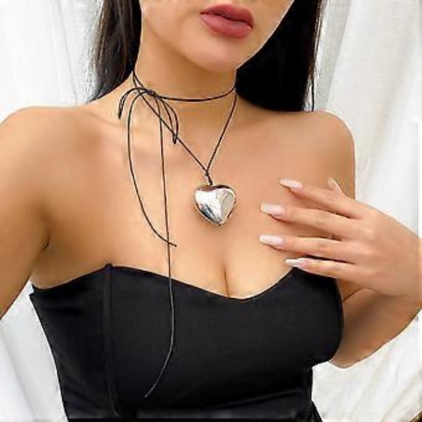 Halsband med puffat hjärta för kvinnor, långt snurrat knythalsband, silver- och guldfärgat hjärthänge, smyckespresenter för tonårstjejer